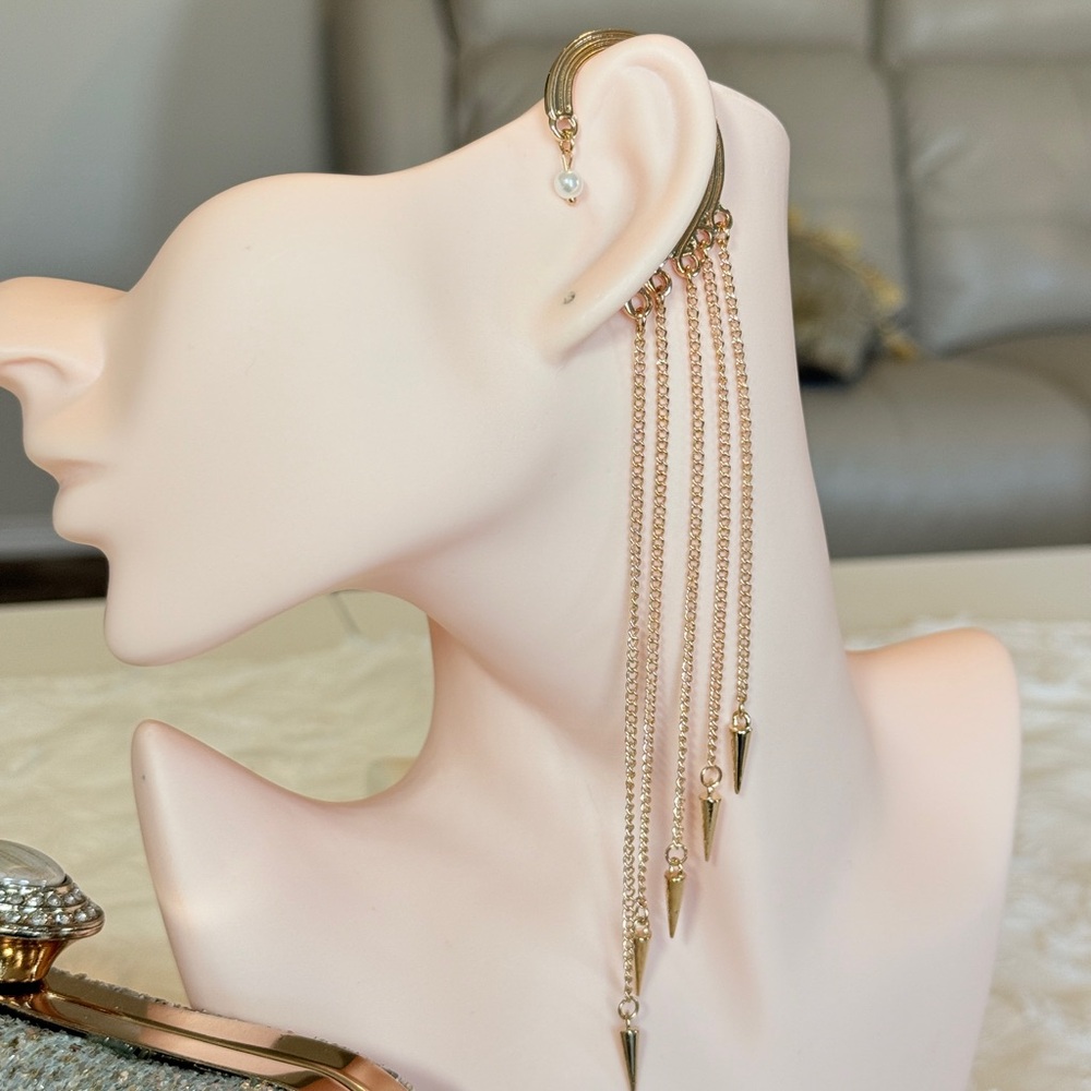 Gold Long Chain Drop Earring - Picture 6 of 12